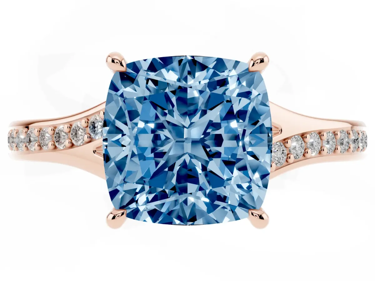 Fancy Blue Cushion Cut Diamond Solitaire Ring with Pavé Band and Prong Setting Rose gold