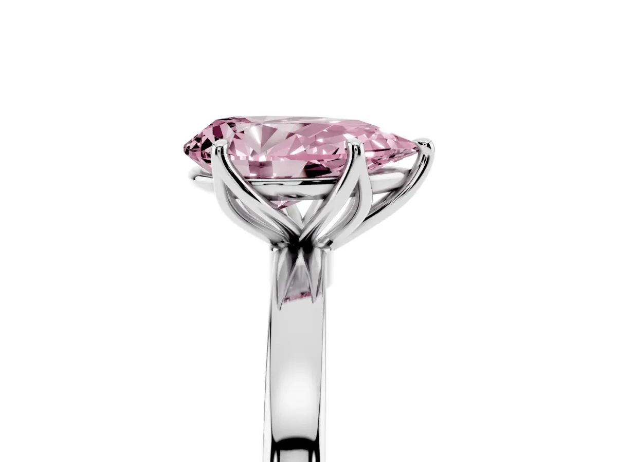 Fancy Pink Pear Cut Diamond Solitaire Ring with Thin Band and Prong Setting Silver