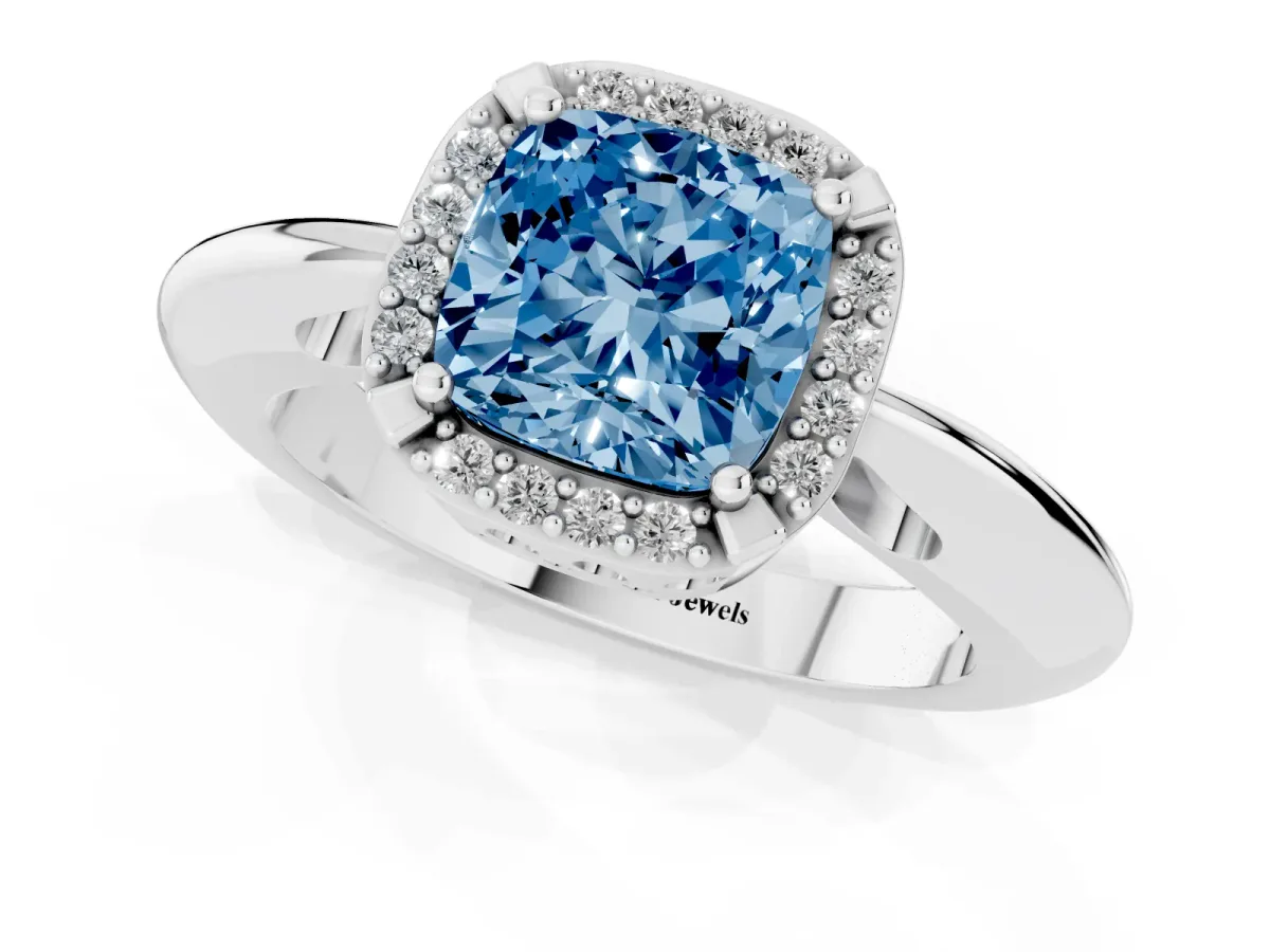 Fancy Blue Cushion Cut Cut Diamond Halo Engagement Ring with Split Shank and Four-Prong Setting Silver
