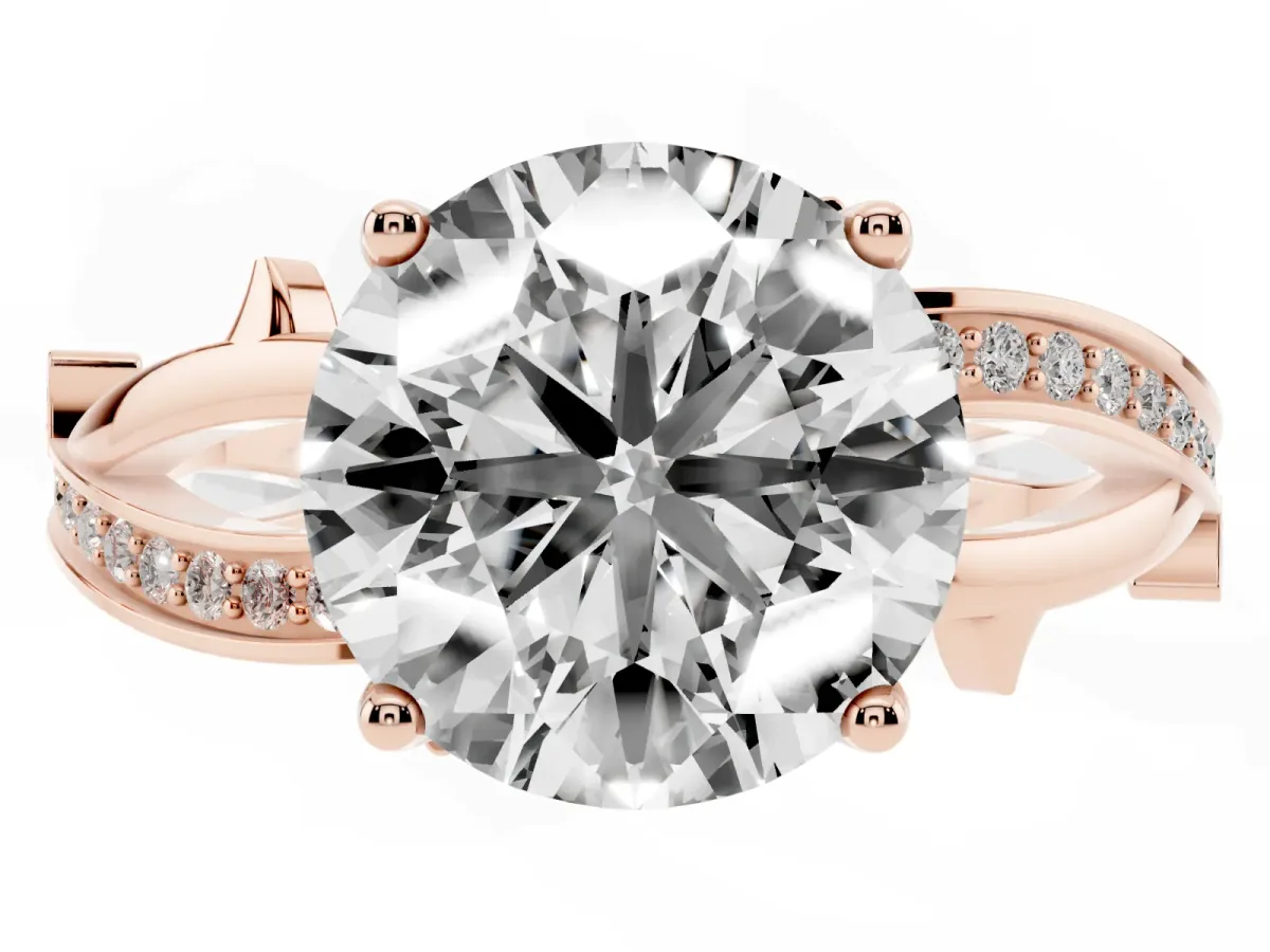 Round Cut Solitaire Twist Band with Pavé Accents and Four-Prong Setting Rose gold