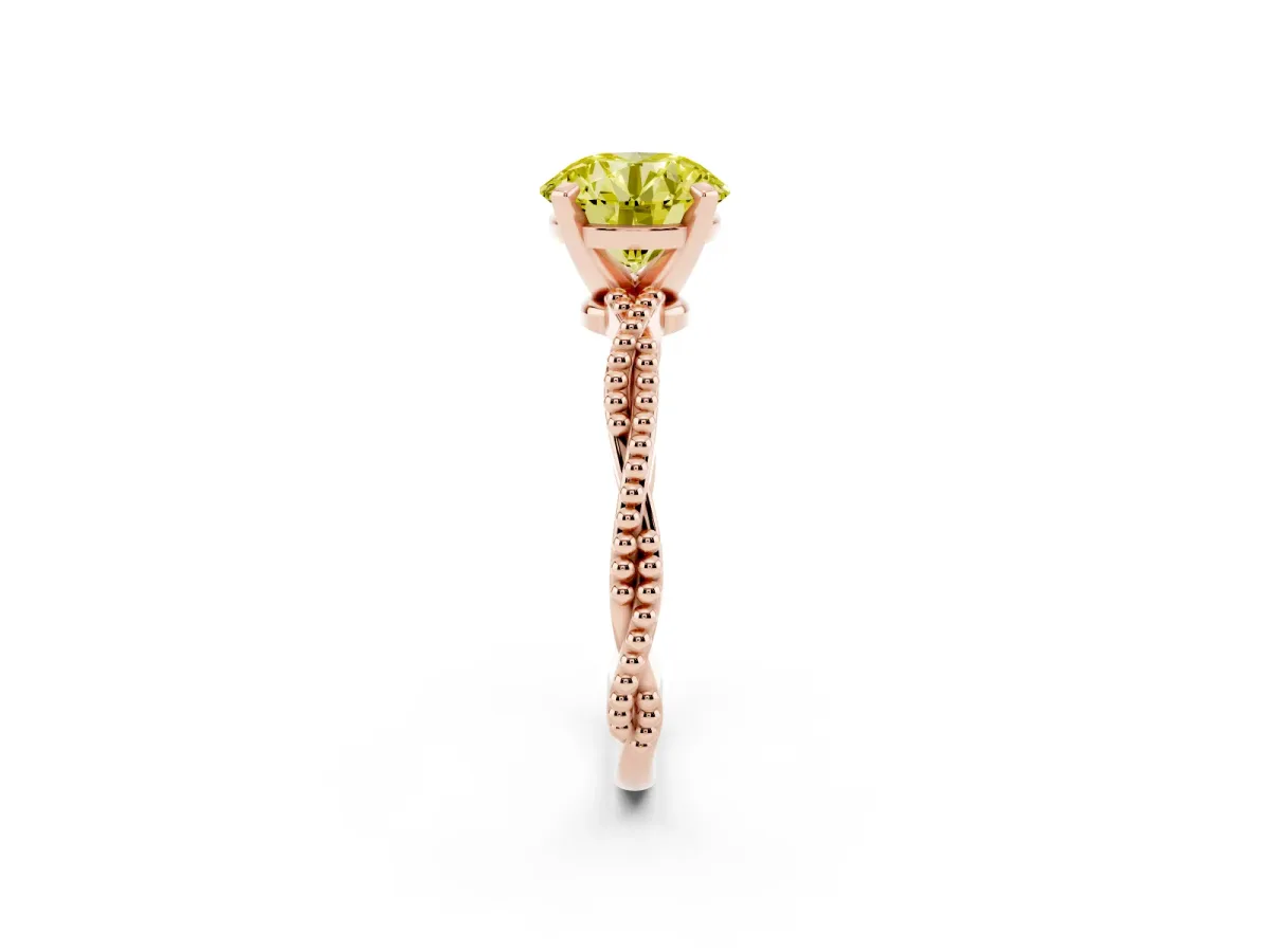 Fancy Yellow Round Cut Solitaire Twisted Band with Bead Prong Setting Rose gold