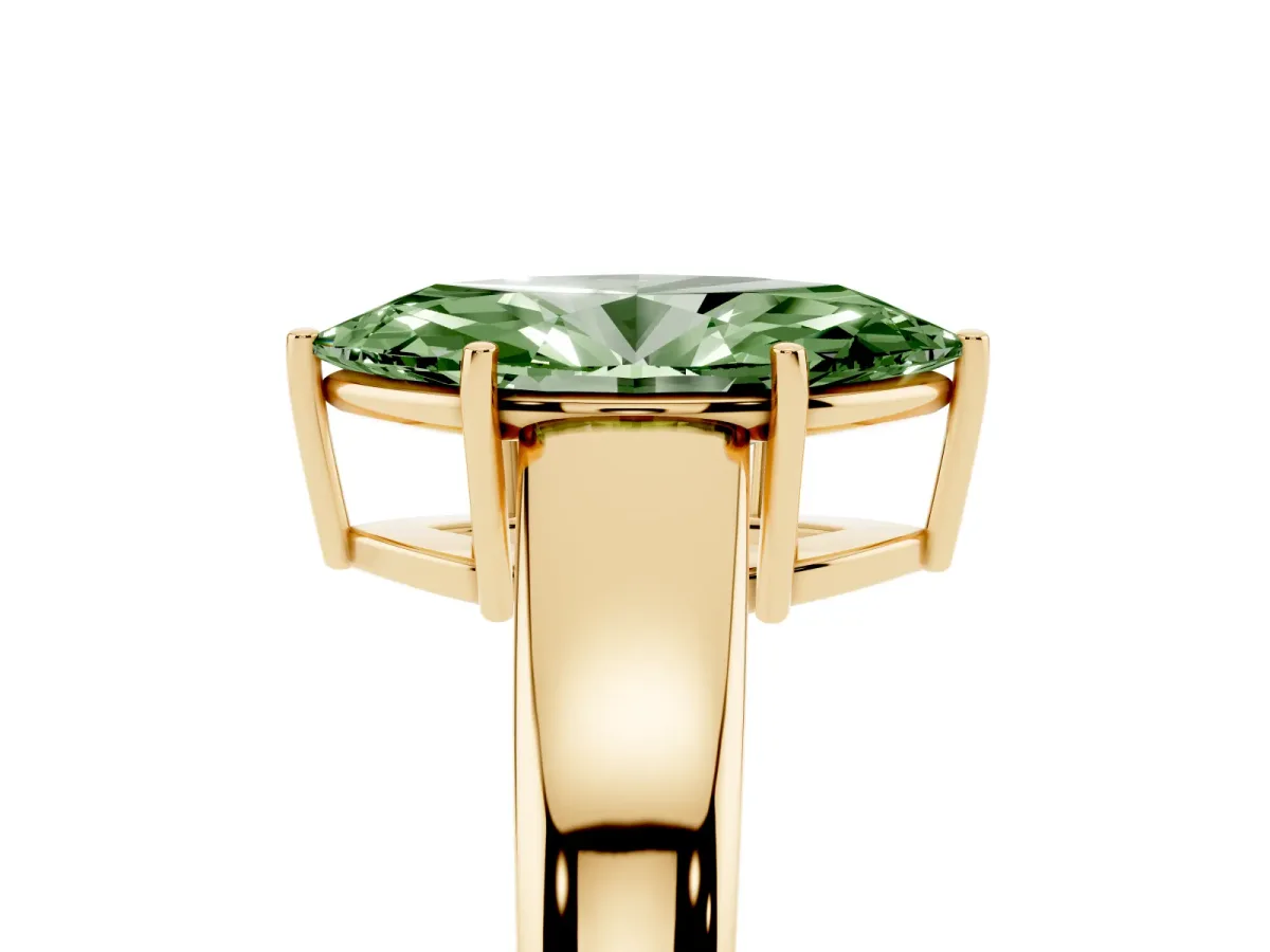 Fancy Green Marquise Cut Solitaire Diamond Ring with Tapered Band and Four-Prong Setting Yellow gold