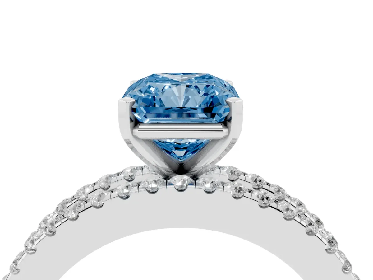 Fancy Blue Radiant Cut Diamond Solitaire Ring with Pavé and Channel Set Band Silver