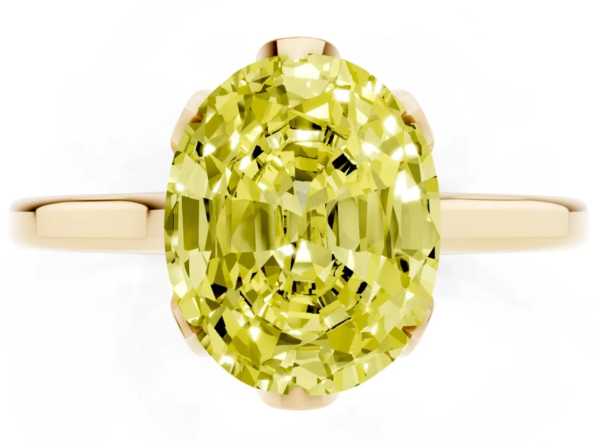 Fancy Yellow Oval Cut Diamond Solitaire Ring with Flower Prong Setting and Classic Band Yellow gold