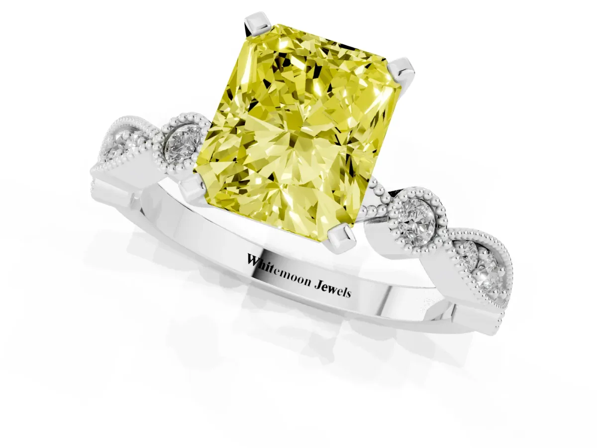 Fancy Yellow Radiant Cut Milgrain Bezel Diamond Engagement Ring with Solitaire Prong Setting Silver
