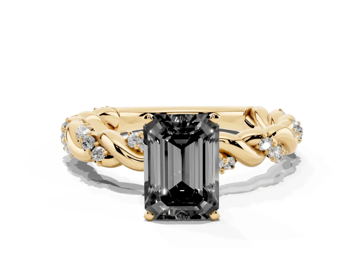 Fancy Black Emerald Cut Diamond Solitaire Ring with Twisted Band and Pavé Accents Yellow gold
