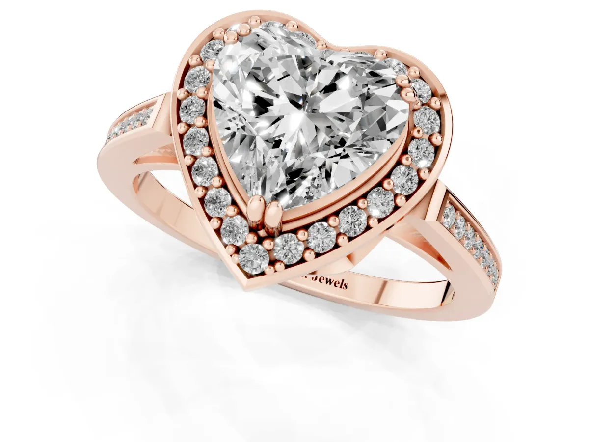 Heart Cut Diamond Halo Ring with Split Shank and Four-Prong Setting Rose gold