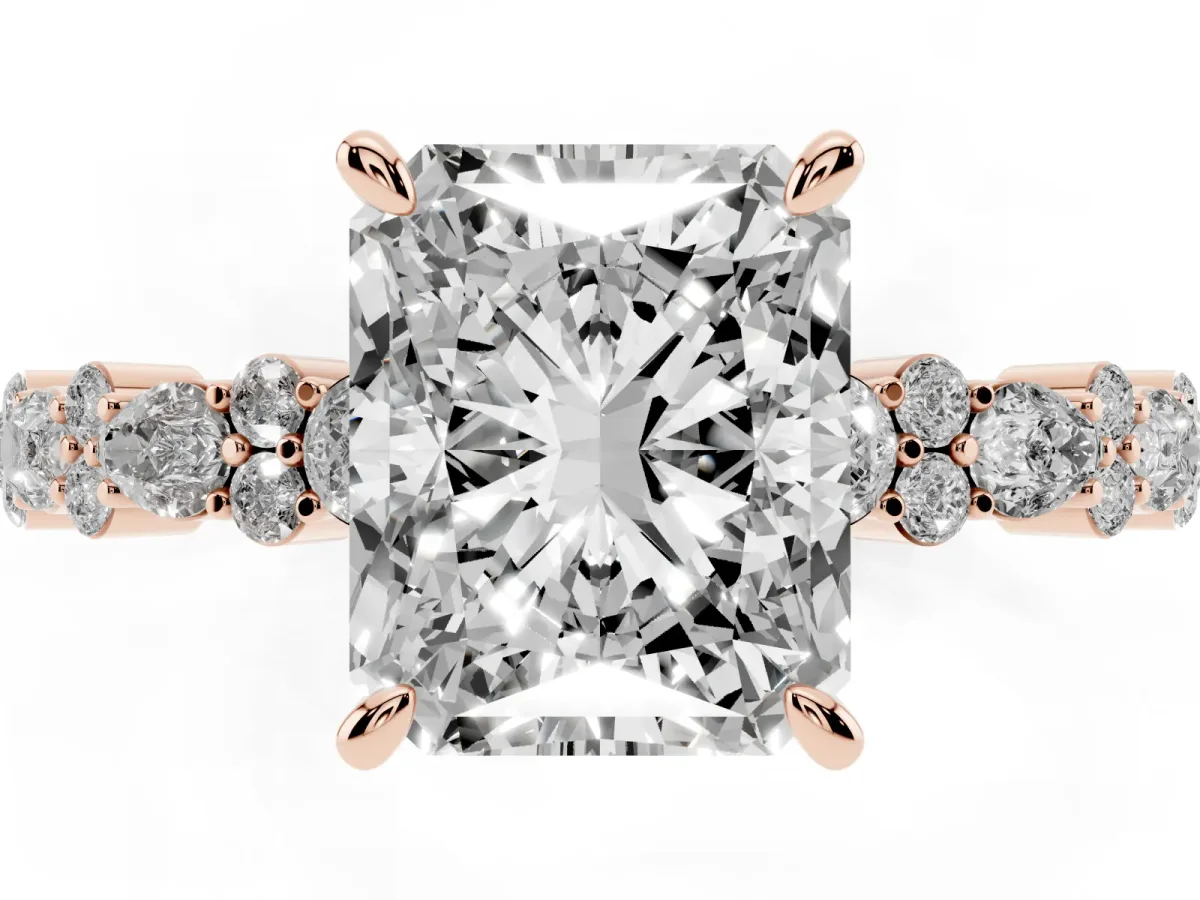 Radiant Cut Diamond Side Stone Solitaire Ring with Round and Four-Prong Setting Rose gold