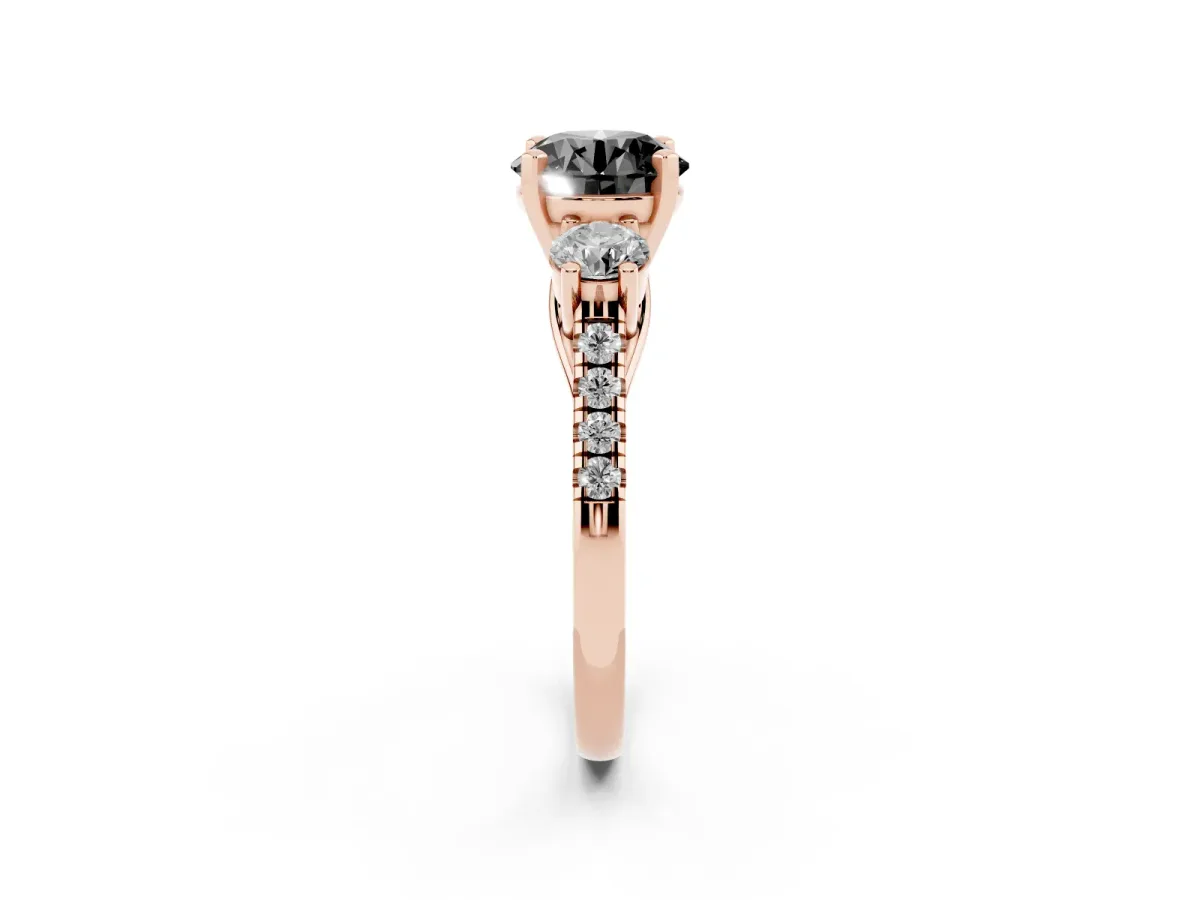 Fancy Black Three-Stone Round Cut Diamond Pavé Band with Four-Prong Setting Rose gold