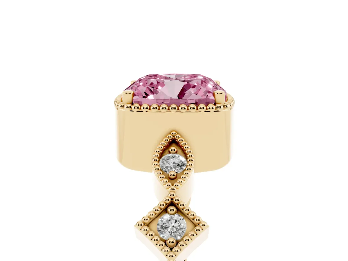 Fancy Pink Cushion Cut Milgrain Marquise Diamond Twist Band Ring Yellow gold