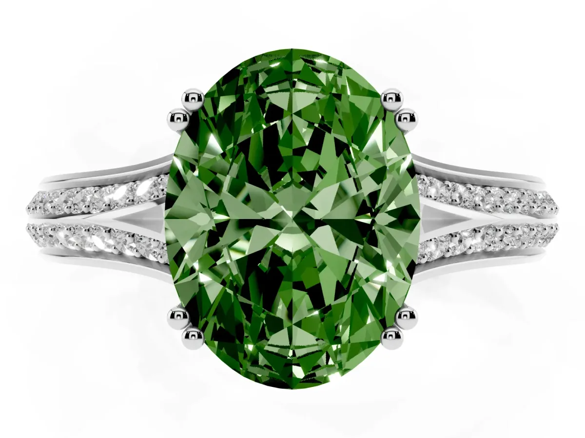 Fancy Green Oval Cut Diamond Split Shank Engagement Ring with Pavé Band Silver