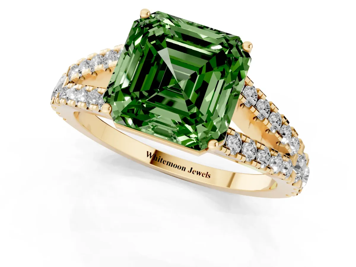 Fancy Green Asscher Cut Diamond Split Shank Pavé Engagement Ring with Four-Prong Setting Yellow gold
