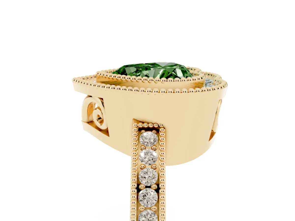 Fancy Green Heart Cut Cut Halo Diamond Ring with Pavé Band and Milgrain Prong Setting Yellow gold