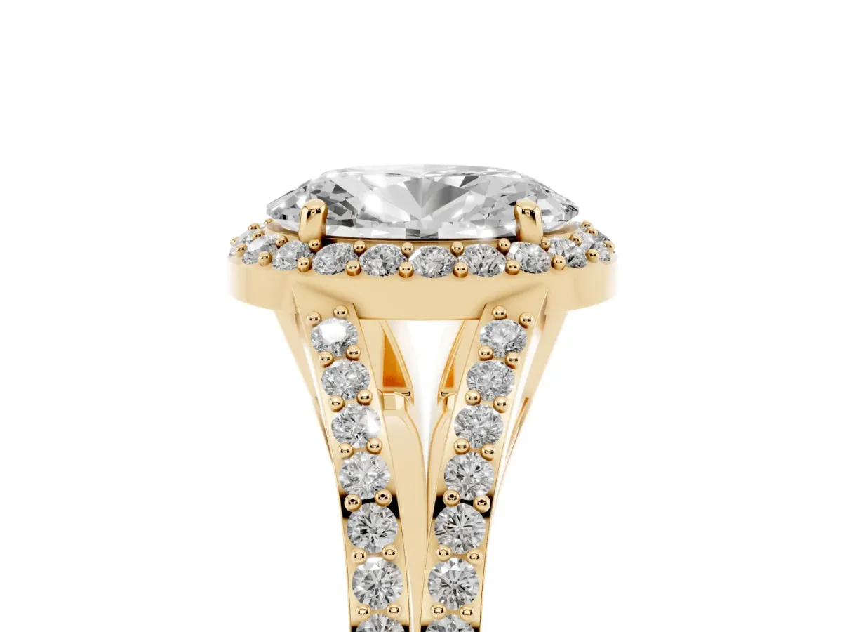 Oval Cut Halo Split Shank Diamond Ring with Prong Setting Yellow gold