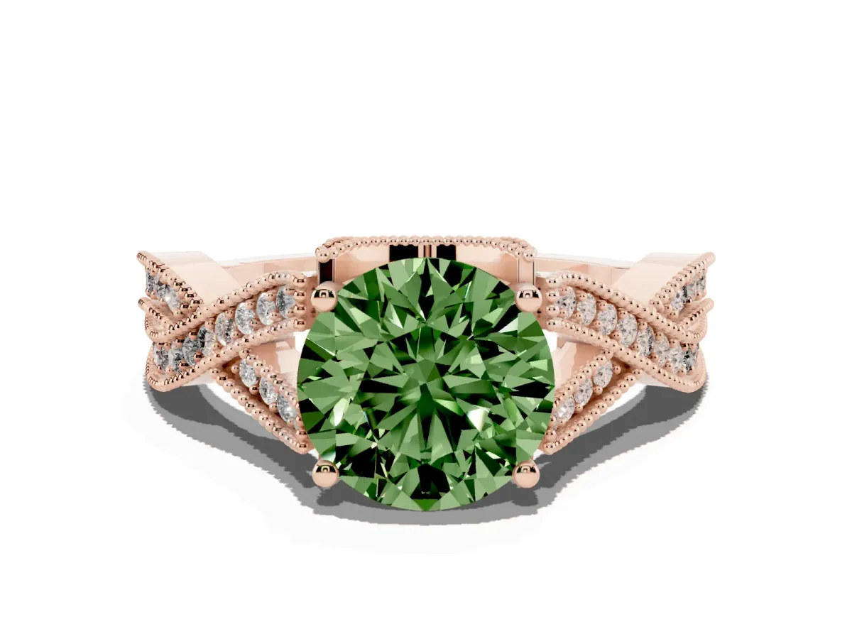 Fancy Green Round Cut Cut Diamond Twisted Band with Milgrain Pave Setting and Four-Prong Setting Rose gold