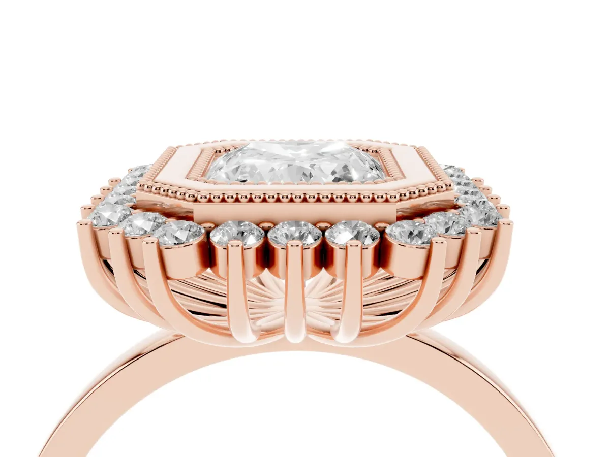 Radiant Cut Halo Diamond Ring with Milgrain Edge and Round Prong Setting Rose gold