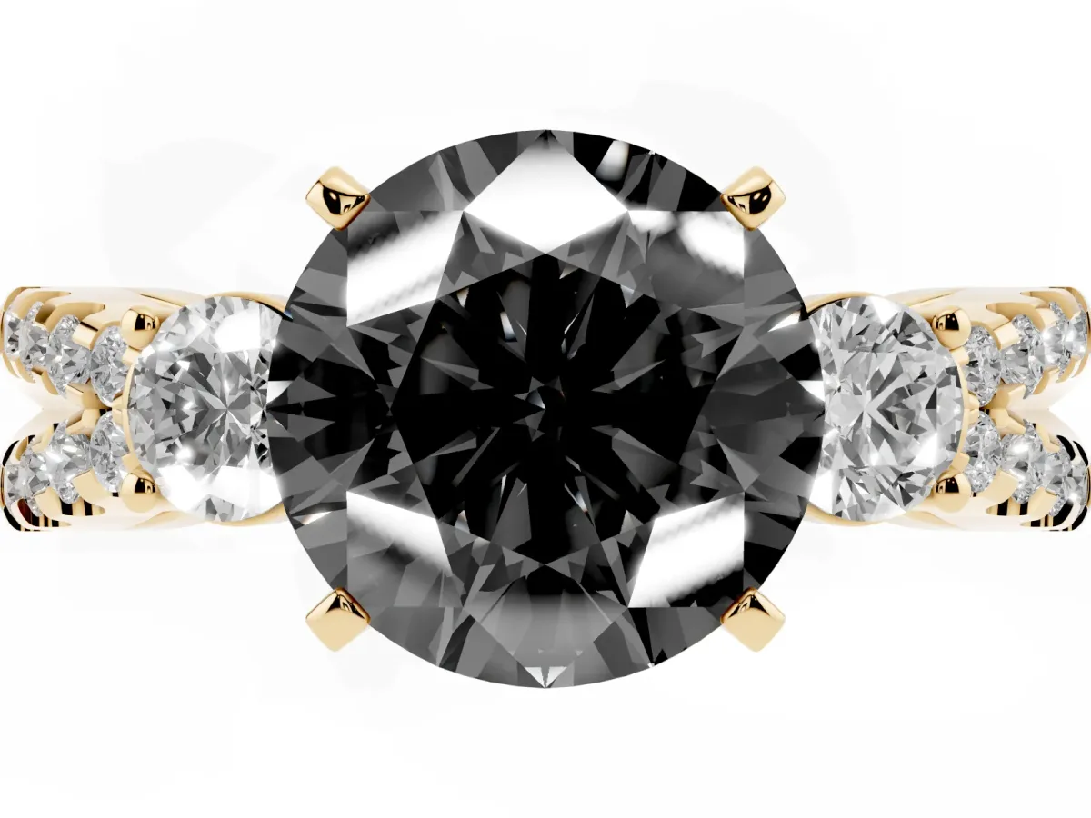 Fancy Black Round Cut Diamond Three-Stone Ring with Pavé Split Shank and Four-Prong Setting Yellow gold