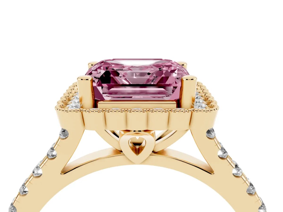 Fancy Pink Asscher Cut Cut Diamond Milgrain Floral Halo Engagement Ring with Pavé Band Yellow gold