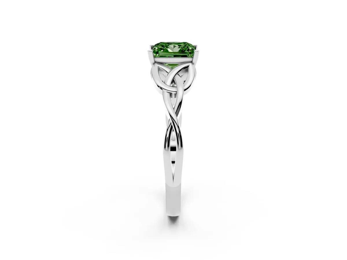 Fancy Green Princess Cut Diamond Solitaire Engagement Ring with Celtic Knot Band and Four-Prong Setting White gold