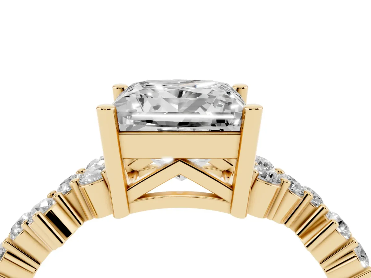 Princess Cut Diamond Scattered Round Accent Ring with Prong Setting Yellow gold