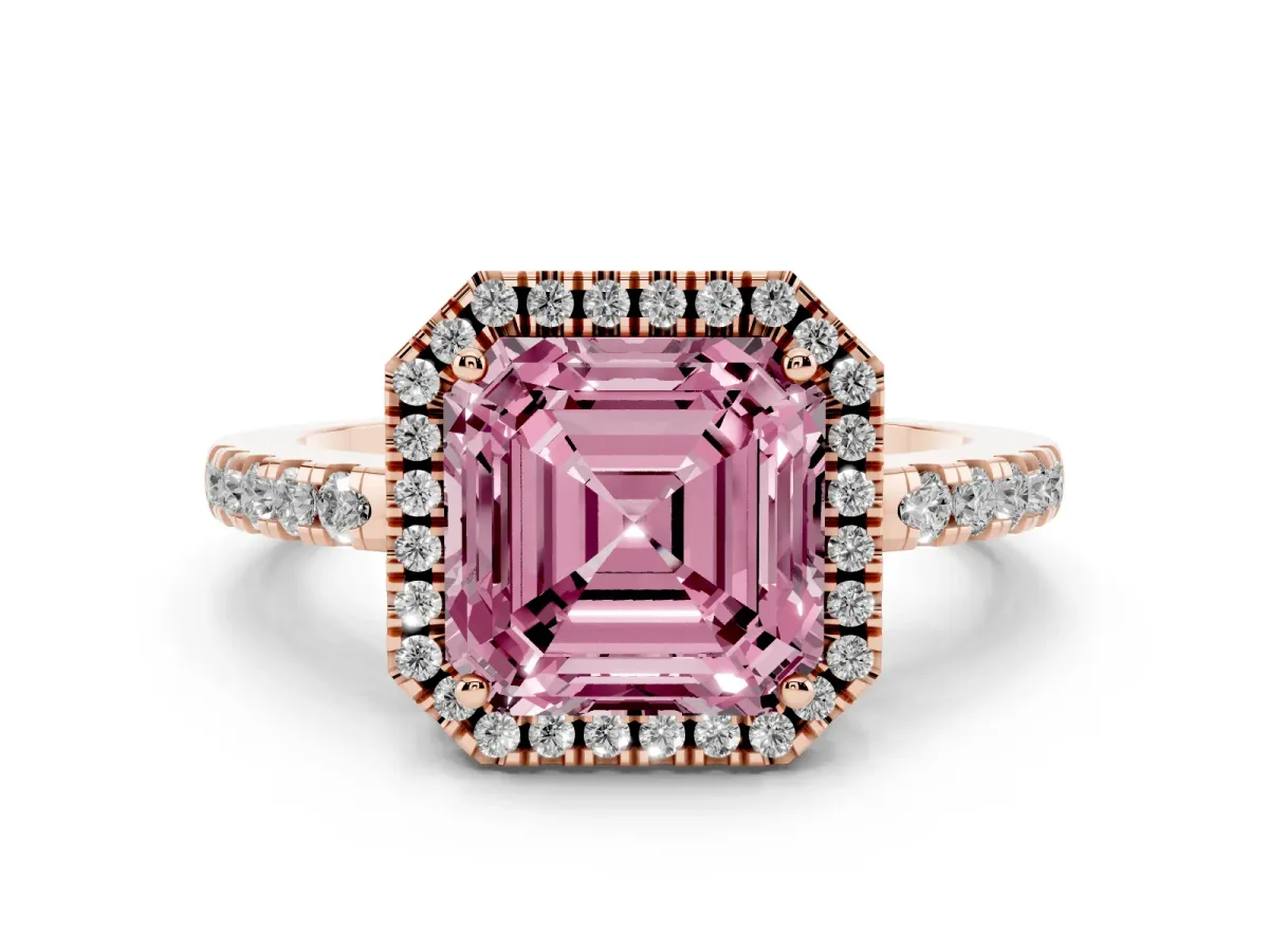 Fancy Pink Asscher Cut Halo Diamond Engagement Ring with Pavé Band and Four-Prong Setting Rose gold