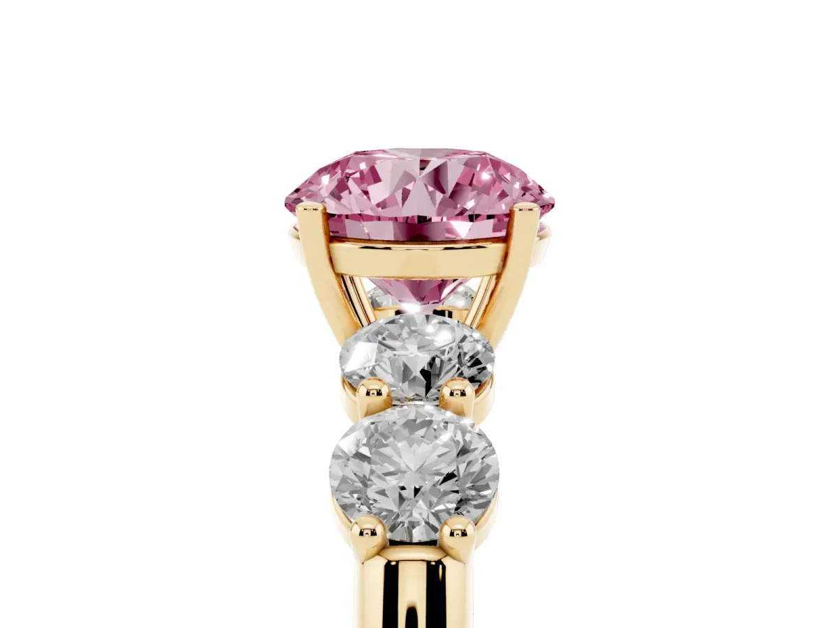 Fancy Pink Round Cut Cut Five-Stone Prong Set Diamond Ring with Classic Band Yellow gold
