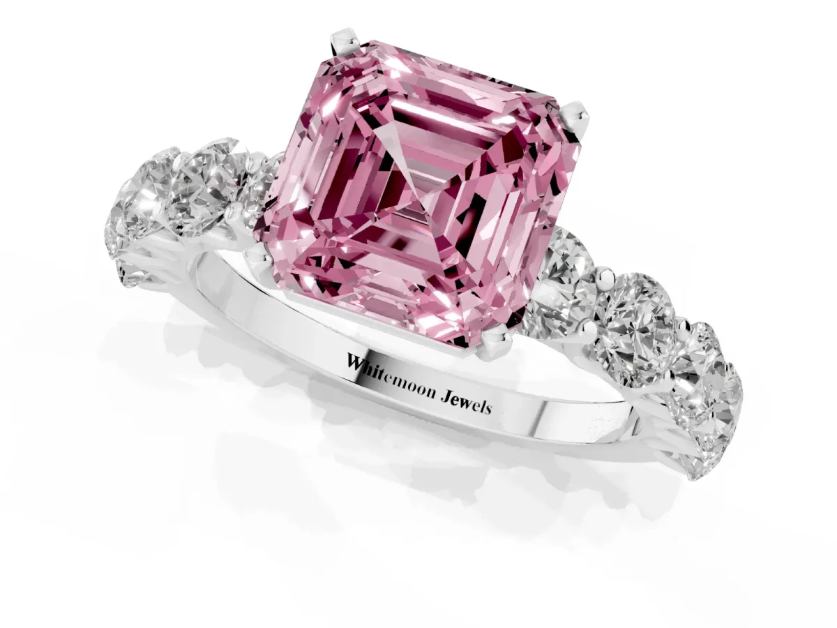 Fancy Pink Asscher Cut Diamond Prong Setting with Side Stones on a Pave Band Silver