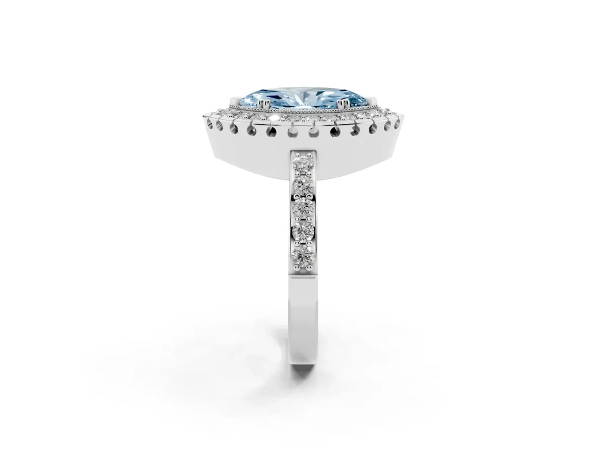 Fancy Blue Marquise Cut Diamond Halo Ring with Pavé Band and Prong Setting White gold