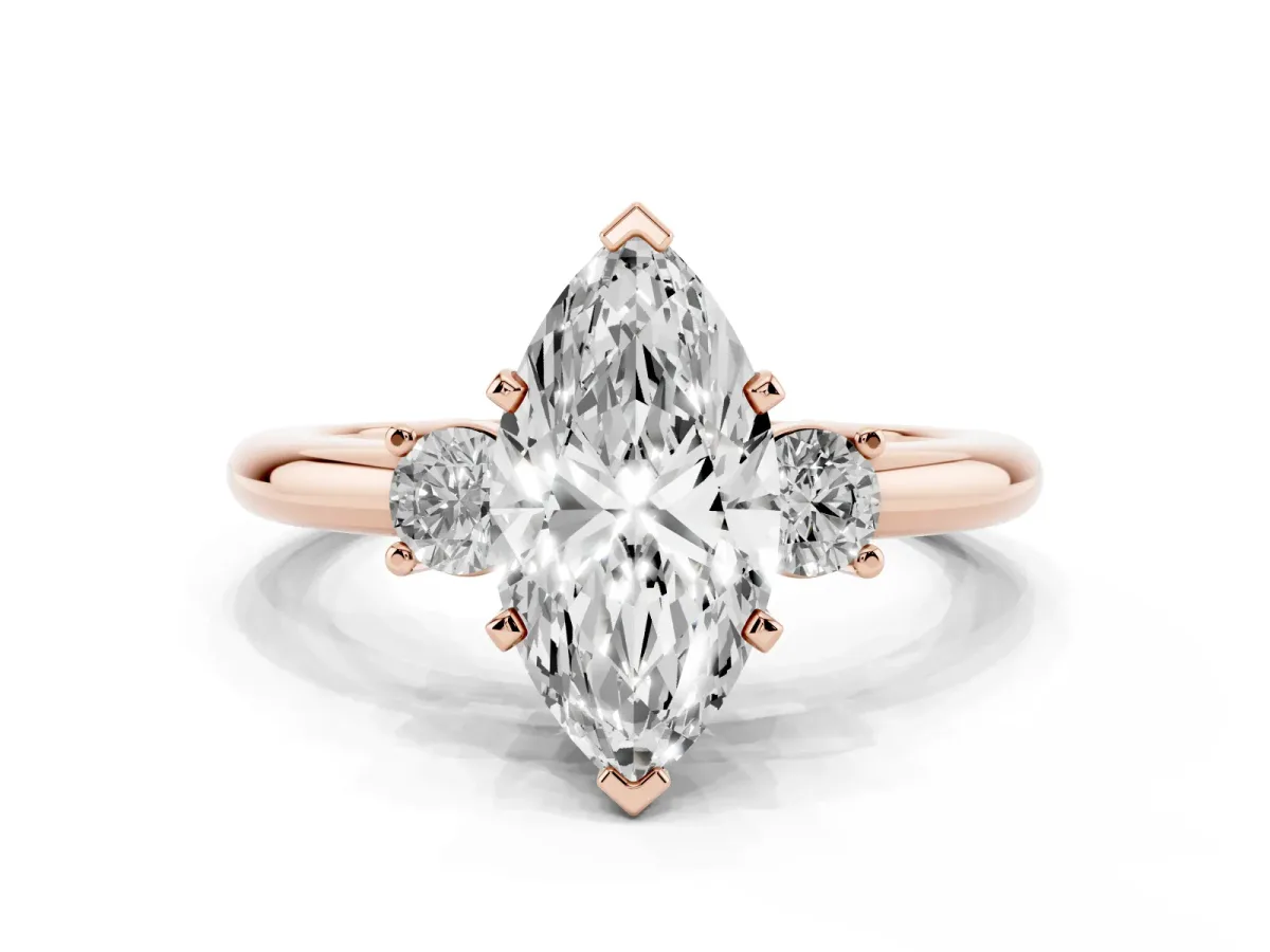 Three-Stone Marquise Cut Cut Diamond Solitaire with Prong Setting and Classic Band Rose gold