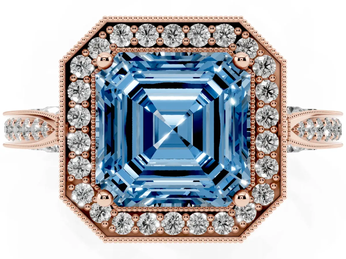 Fancy Blue Asscher Cut Halo Diamond Engagement Ring with Split Shank Band and Four-Prong Setting Rose gold