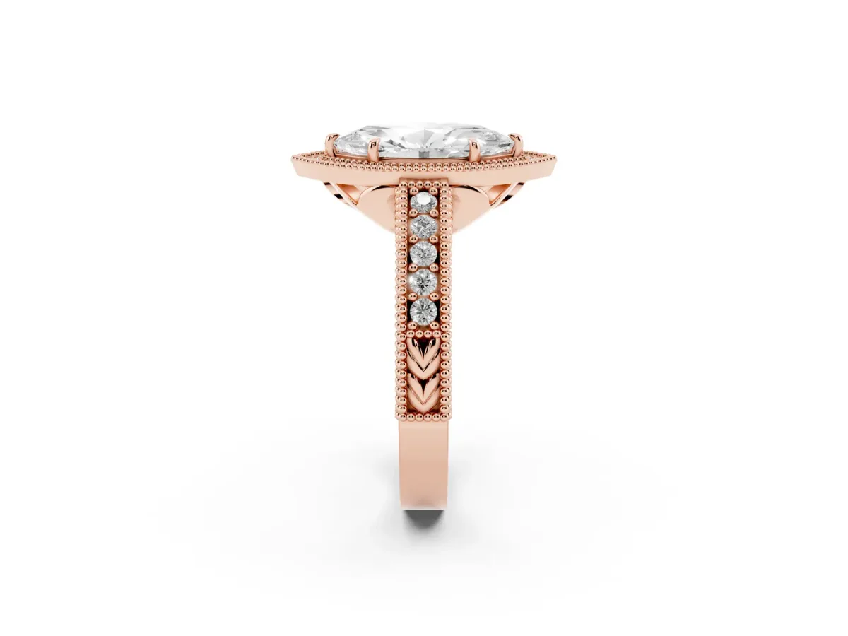 Marquise Cut Cut Halo Diamond Ring with Pavé Band and Four-Prong Setting Rose gold
