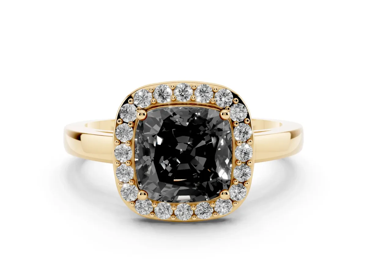 Fancy Black Cushion Cut Halo Diamond Ring with Solitaire Band and Prong Setting Yellow gold