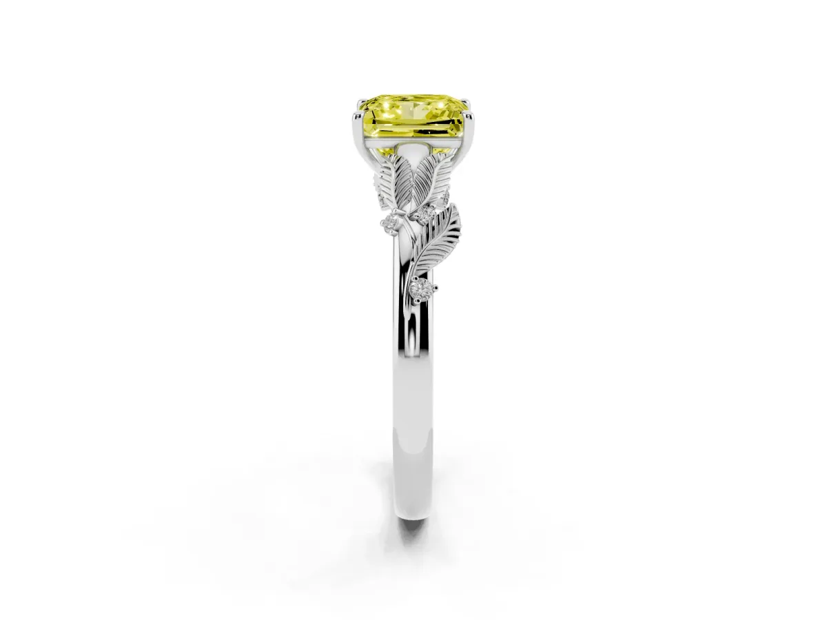Fancy Yellow Princess Cut Diamond Solitaire Ring with Leaf Motif Band and Four-Prong Setting Silver