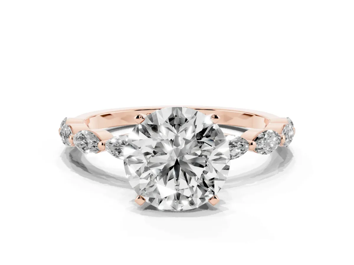 Round Cut Diamond Ring with Marquise Side Stones and Prong Setting Rose gold
