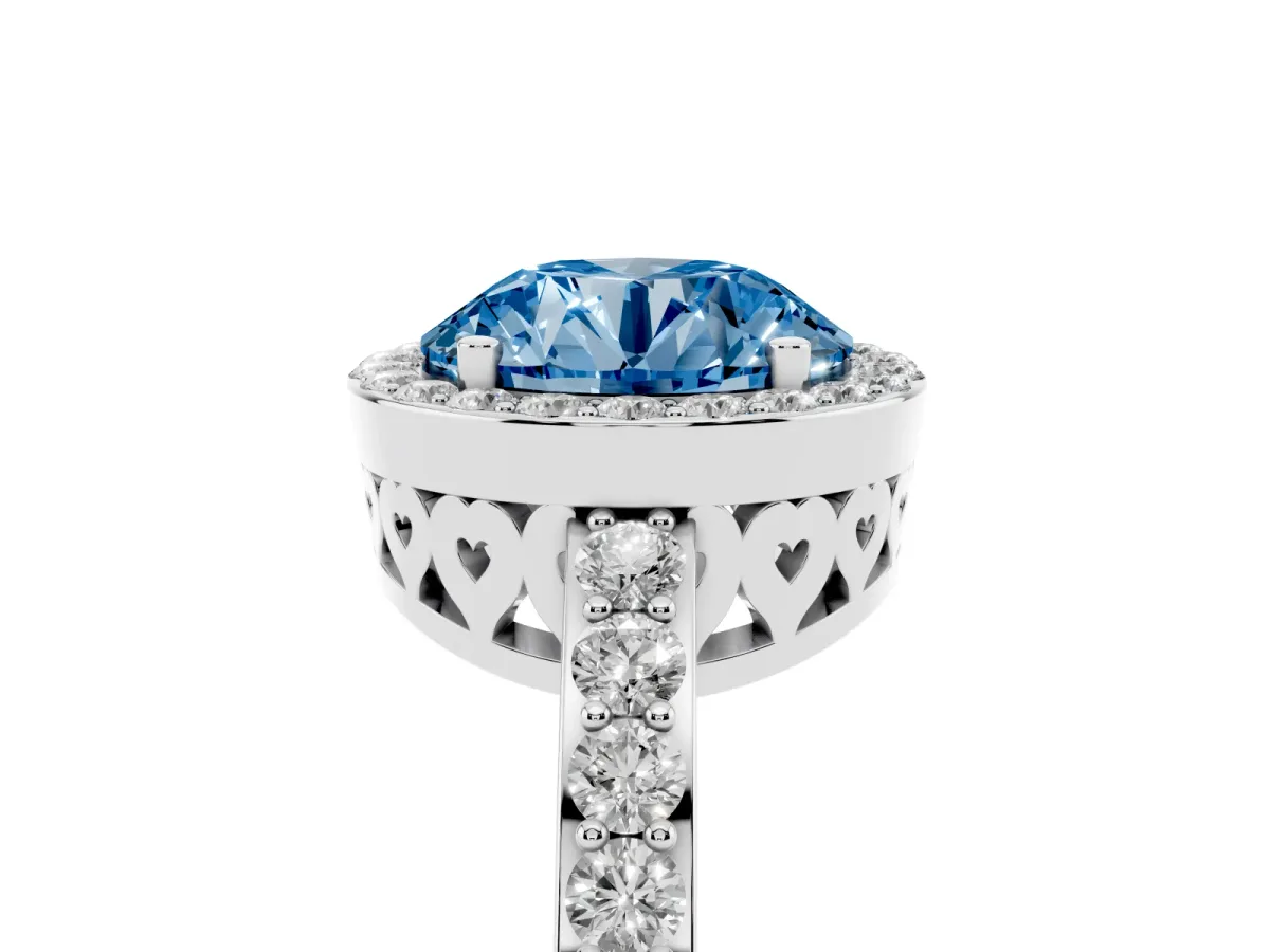 Fancy Blue Round Cut Halo Diamond Pavé Band Ring with Prong Setting Silver
