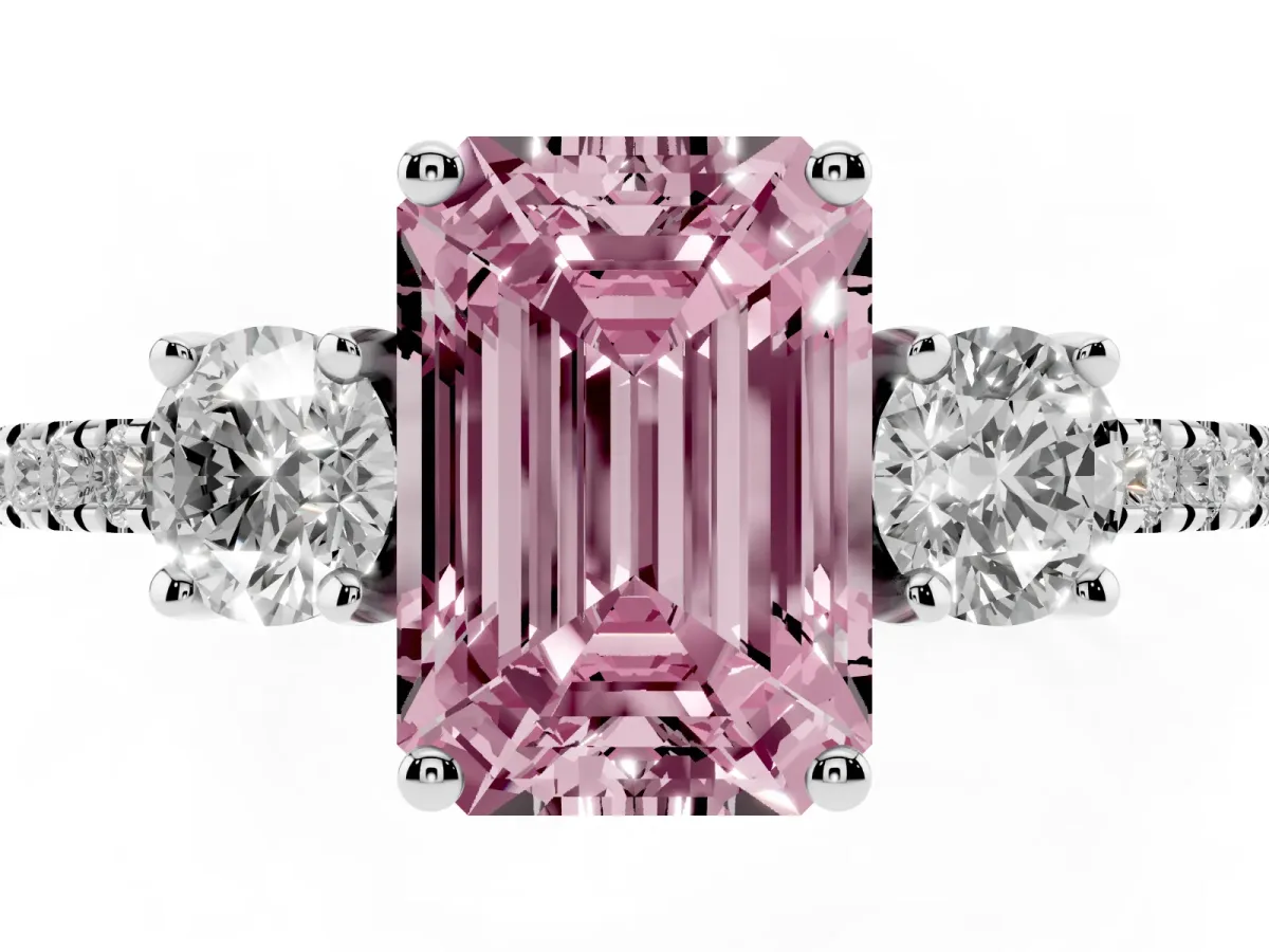 Fancy Pink Three-Stone Emerald Cut Cut Diamond Pavé Band with Prong Setting Silver