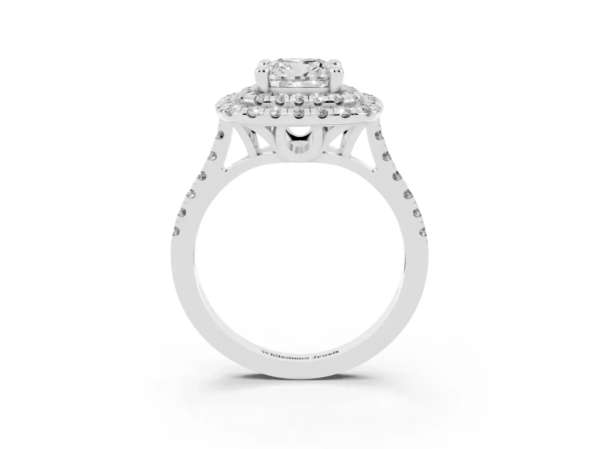 Double Halo Cushion Cut Diamond Pavé Band with Four-Prong Setting Silver