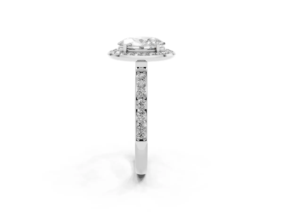 Oval Cut Diamond Halo Ring with Bezel Frame and Pavé Band Silver
