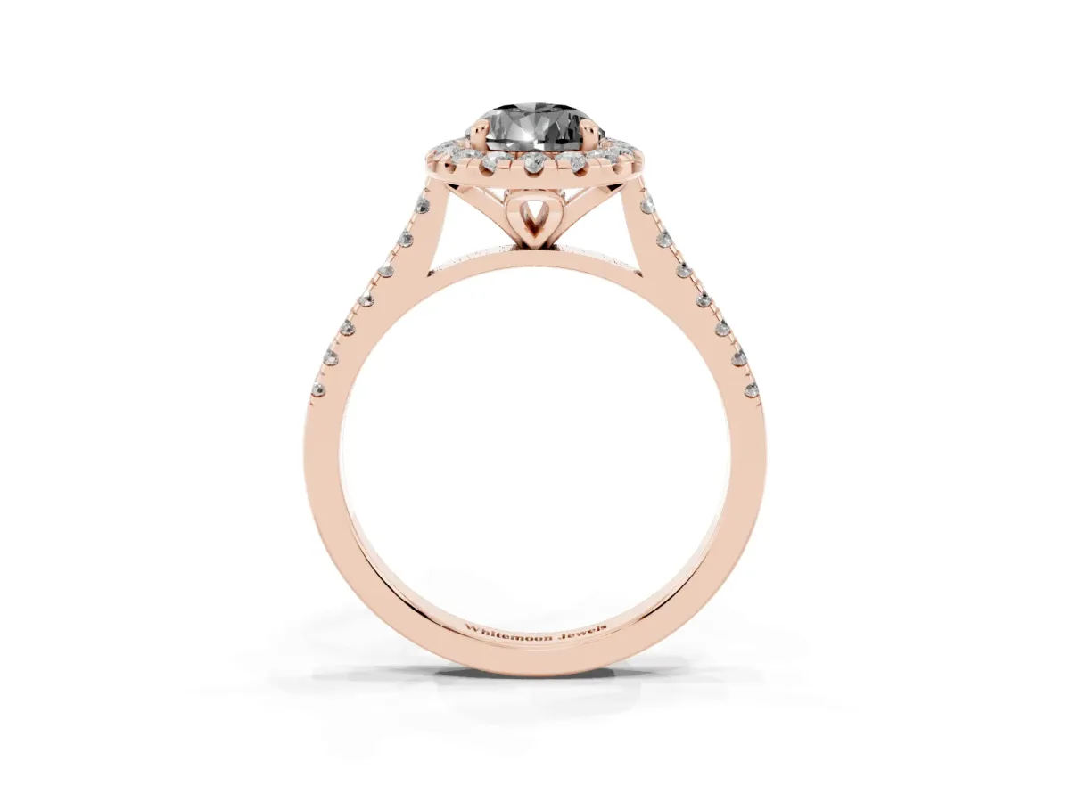 Fancy Black Pear Cut Diamond Cushion Halo Ring with Pavé Band Rose gold