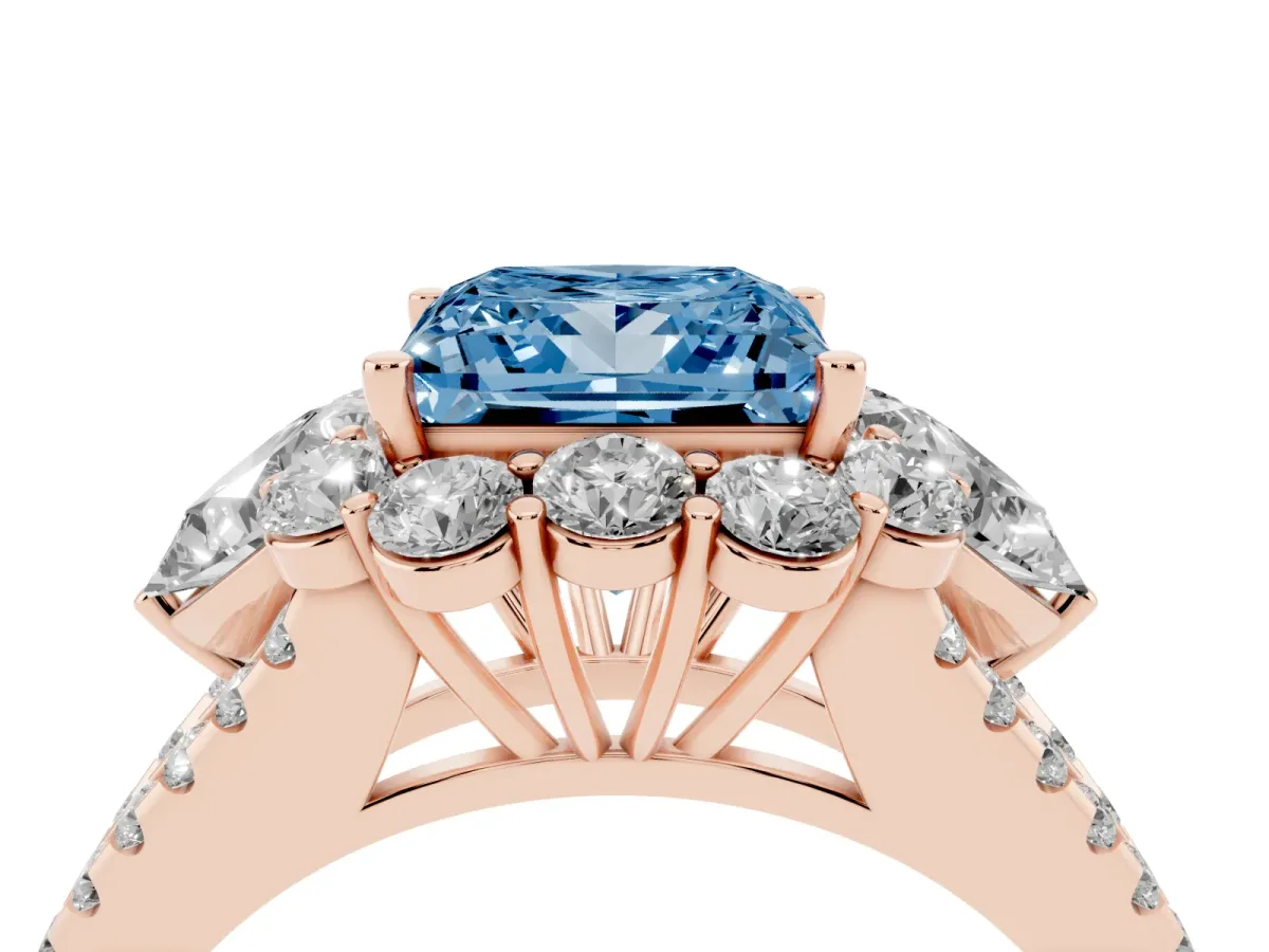 Fancy Blue Princess Cut Halo Split Shank Diamond Engagement Ring with Prong Setting Rose gold