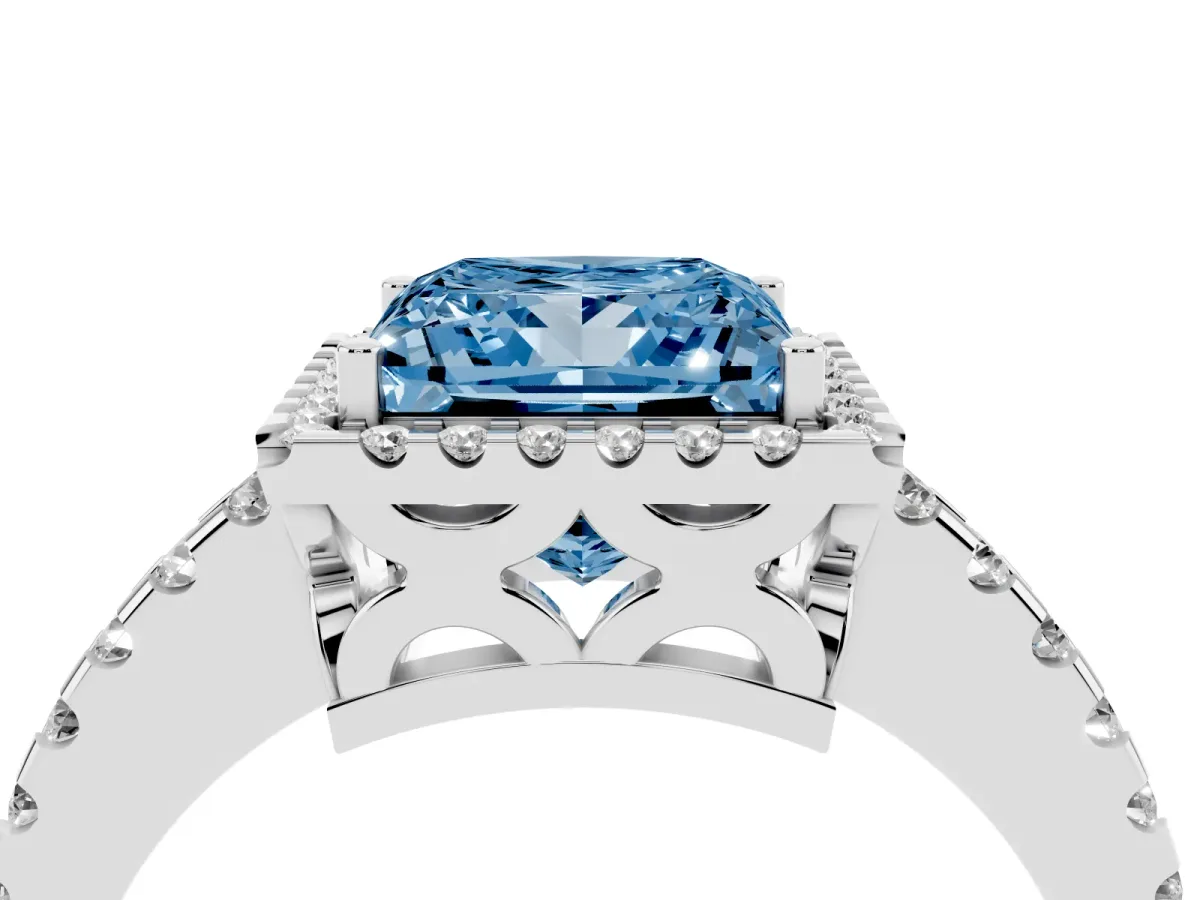 Fancy Blue Princess Cut Diamond Halo Engagement Ring with Pavé Band and Prong Setting Silver