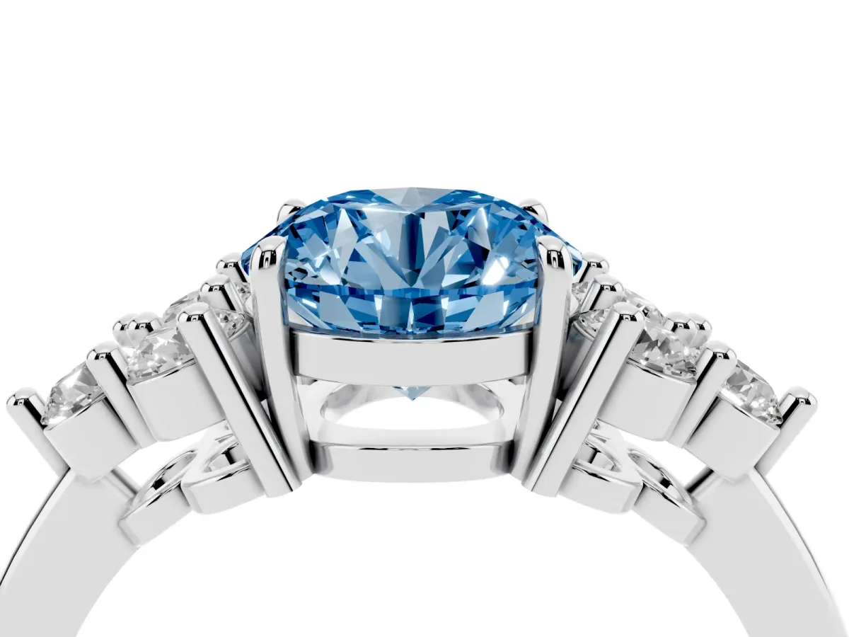 Fancy Blue Round Cut Brilliant Diamond Cluster Accent Solitaire Ring with Prong Setting Platinum