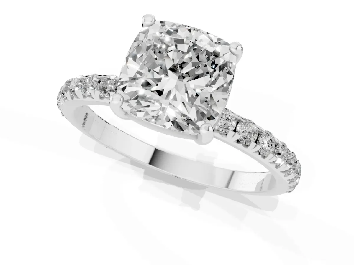 Cushion Cut Cut Diamond Solitaire Ring with Micro Pave Band and Four Prong Setting Silver