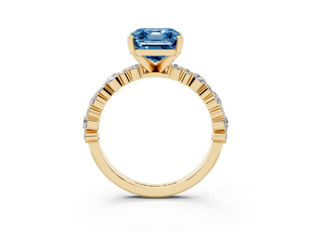 Fancy Blue Asscher Cut Diamond Side Stone Solitaire Ring with Round and Four-Prong Setting Yellow gold