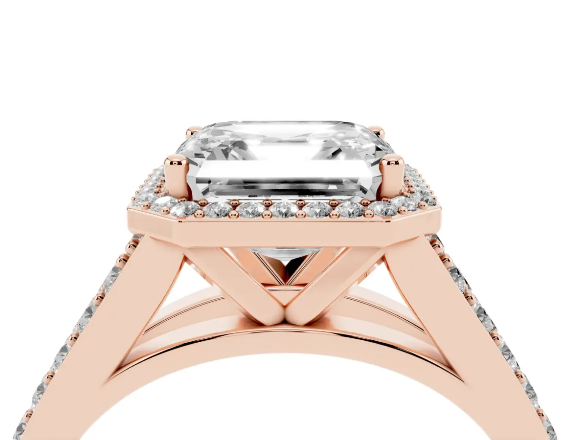 Asscher Cut Diamond Split Shank Halo Ring with Four-Prong Setting Rose gold