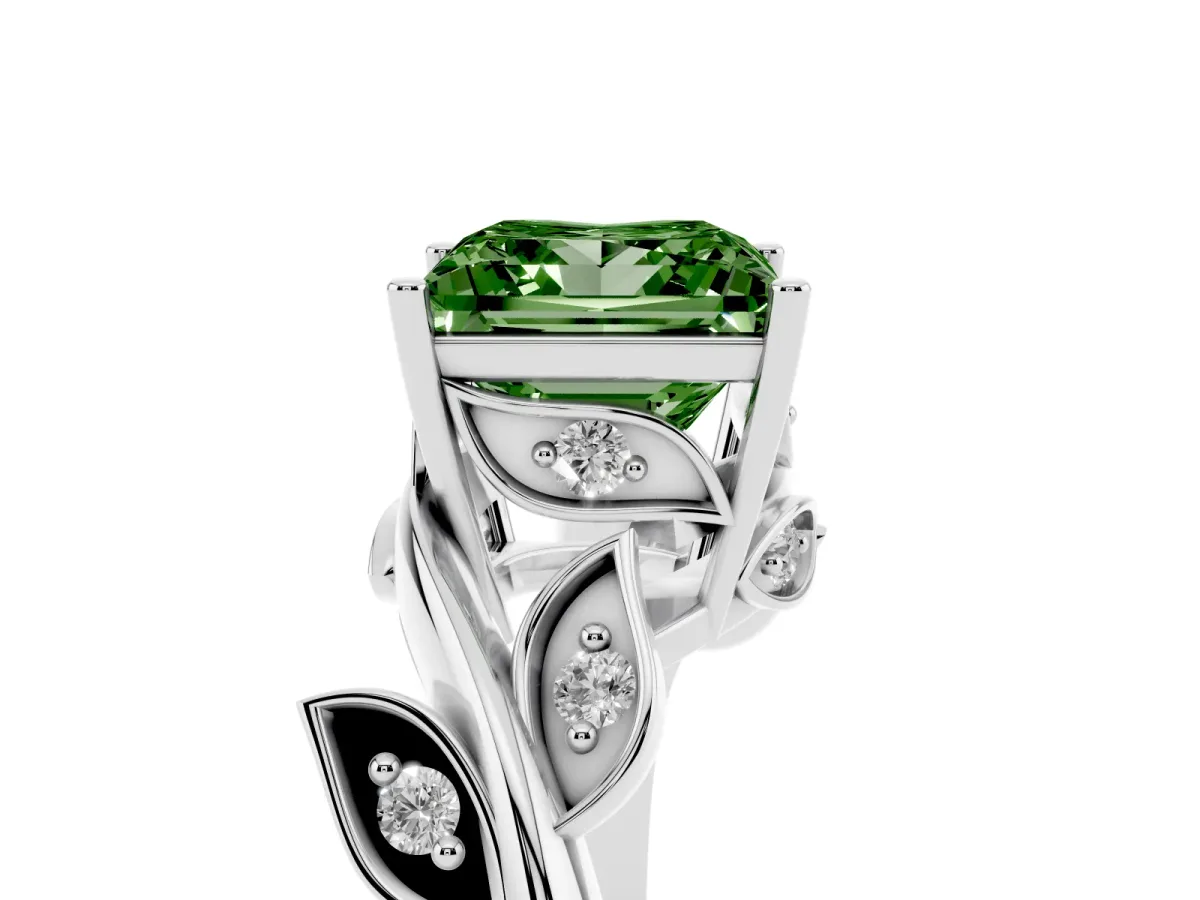 Fancy Green Princess Cut Solitaire Twist Engagement Ring with Leaf Accents and Prong Setting Silver