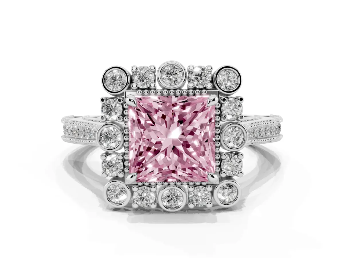 Fancy Pink Princess Cut Halo Milgrain Pave Diamond Ring with Four-Prong Setting Platinum