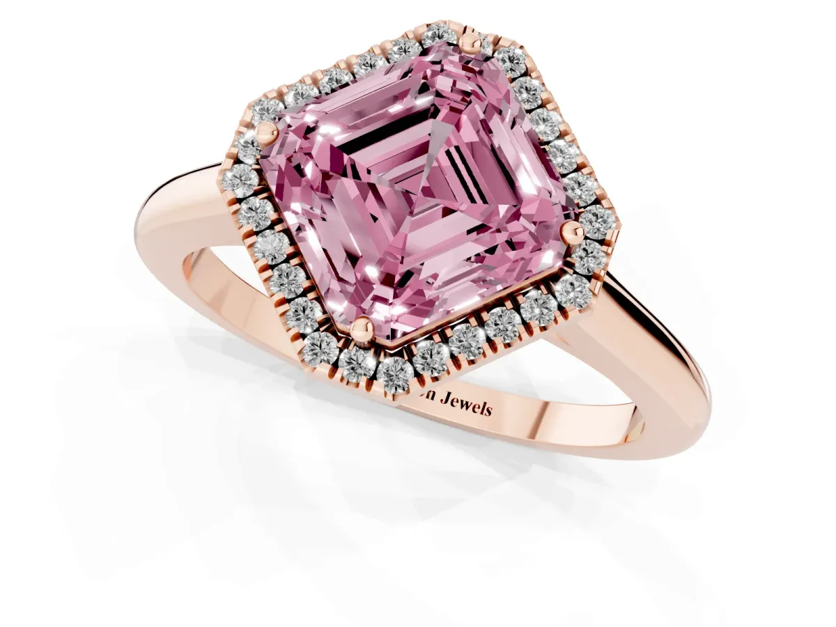Fancy Pink Asscher Cut Halo Round Diamond Solitaire Engagement Ring with Pave Band and Four-Prong Setting Rose gold