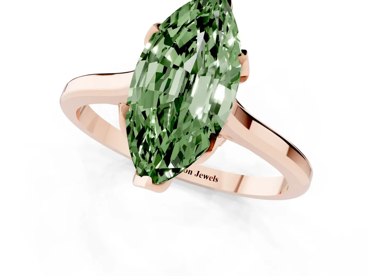 Fancy Green Marquise Cut Diamond Solitaire Ring with Flower Prong Setting and Classic Band Rose gold