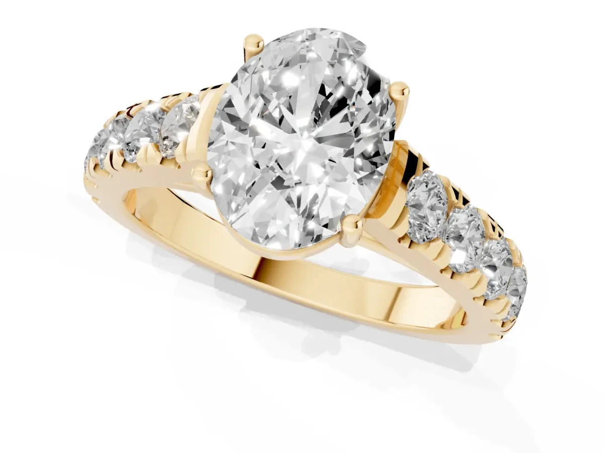 Oval Cut Cut Diamond Solitaire Ring with Micro Pave Band and Prong Setting Yellow gold